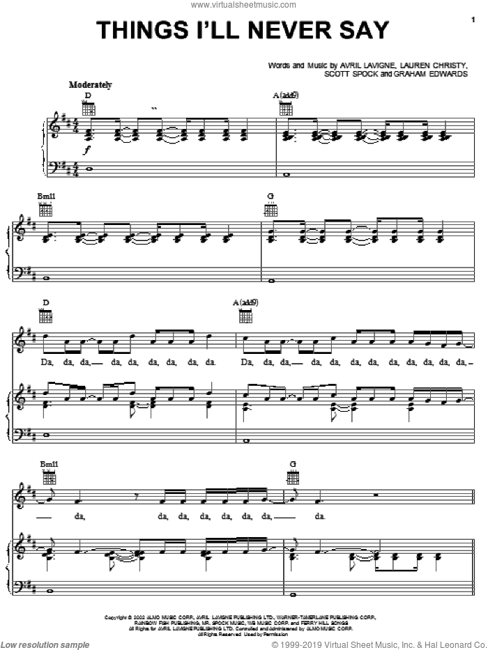 Things I'll Never Say sheet music for voice, piano or guitar by Avril Lavigne, Graham Edwards and Lauren Christy, intermediate skill level