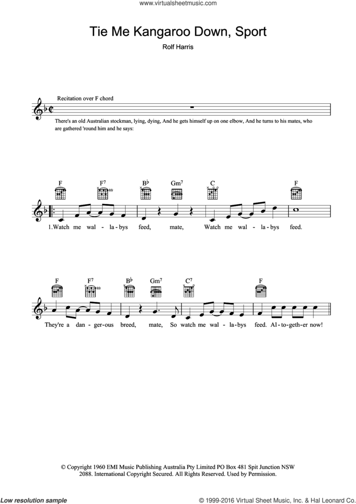 Tie Me Kangaroo Down Sport sheet music for voice and other instruments (fake book) by Rolf Harris, intermediate skill level