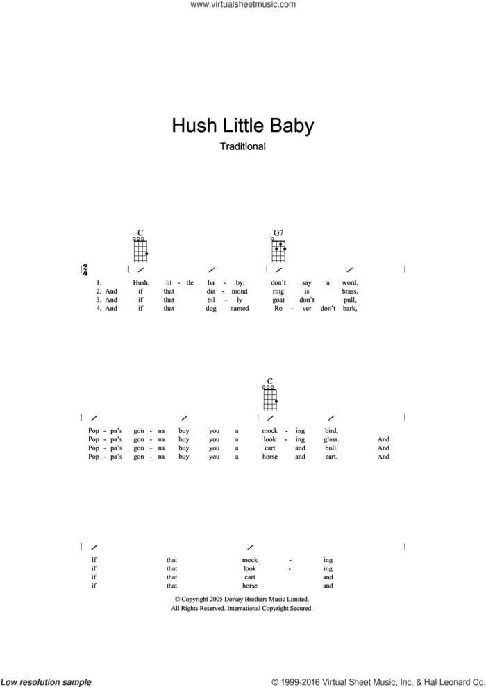 Hush Little Baby sheet music for ukulele (chords), intermediate skill level