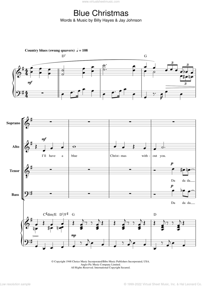 Blue Christmas (arr. Berty Rice) sheet music for choir (SATB: soprano, alto, tenor, bass) by Elvis Presley, Berty Rice, Billy Hayes and Jay Johnson, intermediate skill level