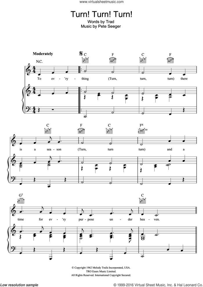 Turn! Turn! Turn! sheet music for voice, piano or guitar by Pete Seeger and Miscellaneous, intermediate skill level