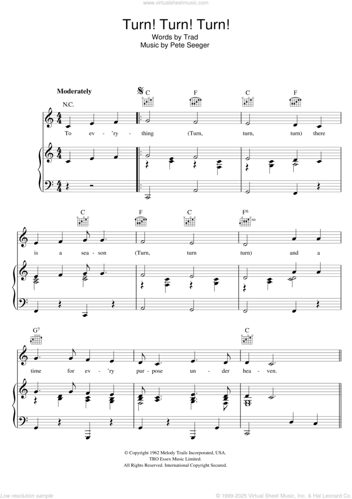 Turn! Turn! Turn! sheet music for voice, piano or guitar by Pete Seeger and Miscellaneous, intermediate skill level