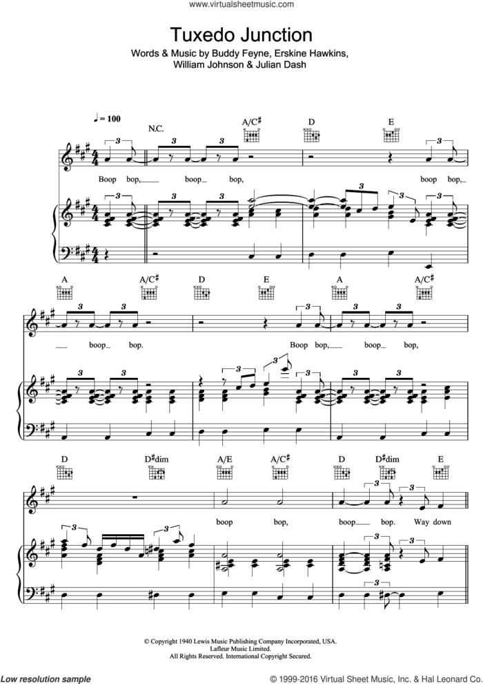 Tuxedo Junction sheet music for voice, piano or guitar by The Manhattan Transfer, Buddy Feyne, Erskine Hawkins, Julian Dash and William Johnson, intermediate skill level