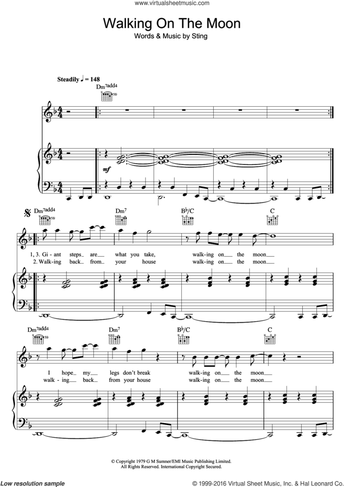 Walking On The Moon sheet music for voice, piano or guitar by The Police, intermediate skill level