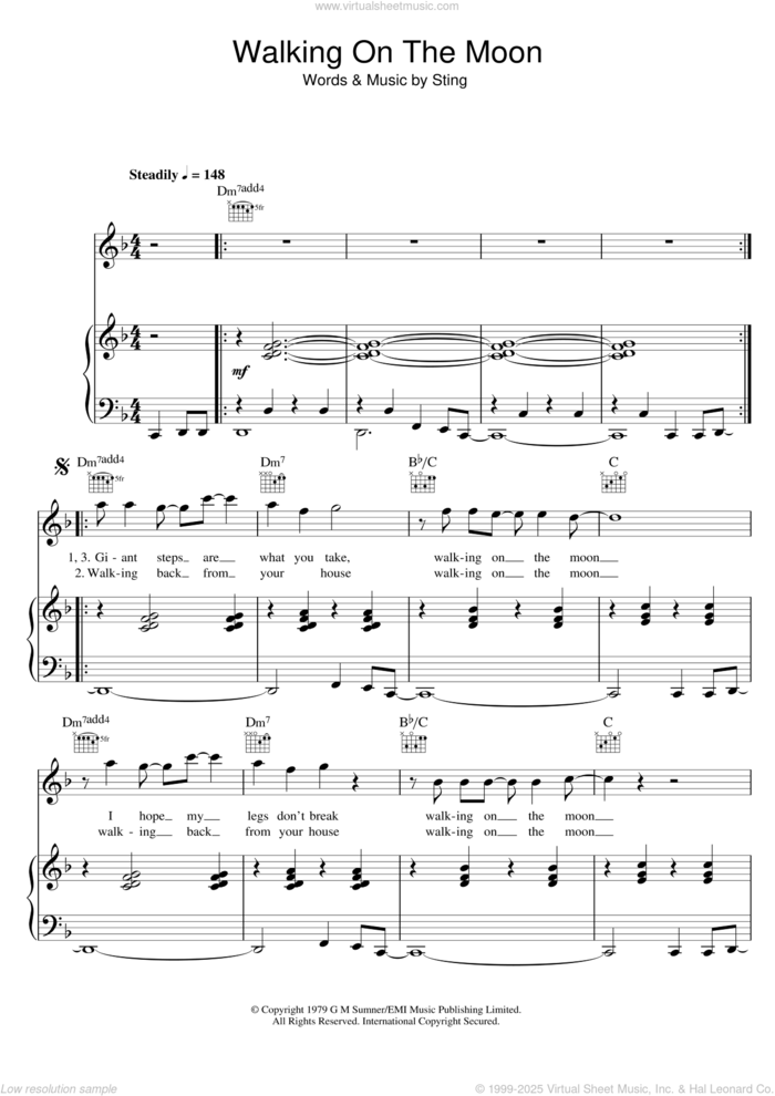 Walking On The Moon sheet music for voice, piano or guitar by The Police, intermediate skill level