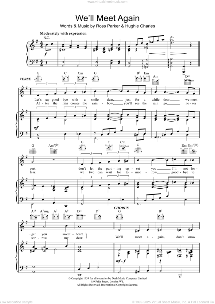 We'll Meet Again sheet music for voice, piano or guitar by Hughie Charles, Vera Lynn and Ross Parker and Hughie Charles and Ross Parker, intermediate skill level