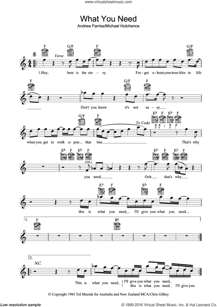 What You Need sheet music for voice and other instruments (fake book) by INXS, Andrew Farriss and Michael Hutchence, intermediate skill level