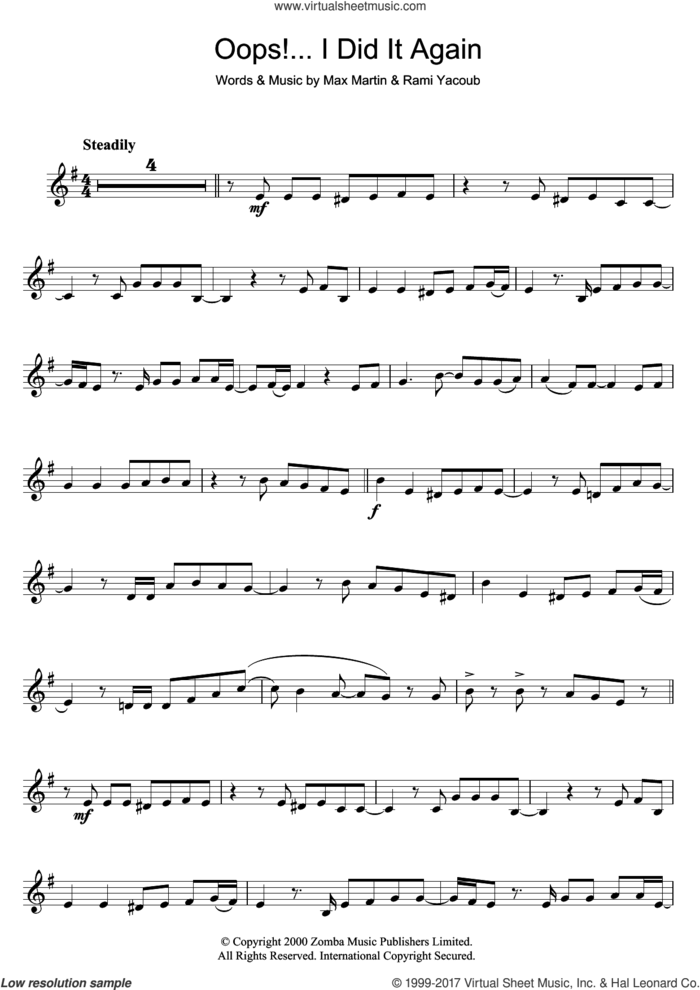 Oops! I Did It Again sheet music for clarinet solo by Britney Spears, Max Martin and Rami, intermediate skill level