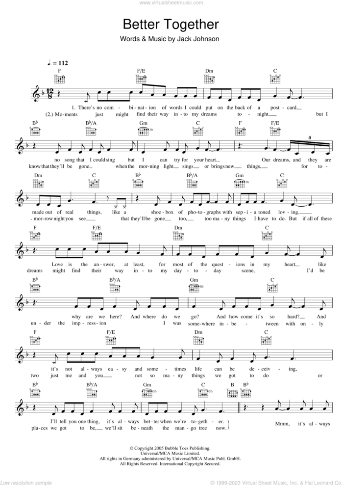 Better Together sheet music for voice and other instruments (fake book) by Jack Johnson, intermediate skill level