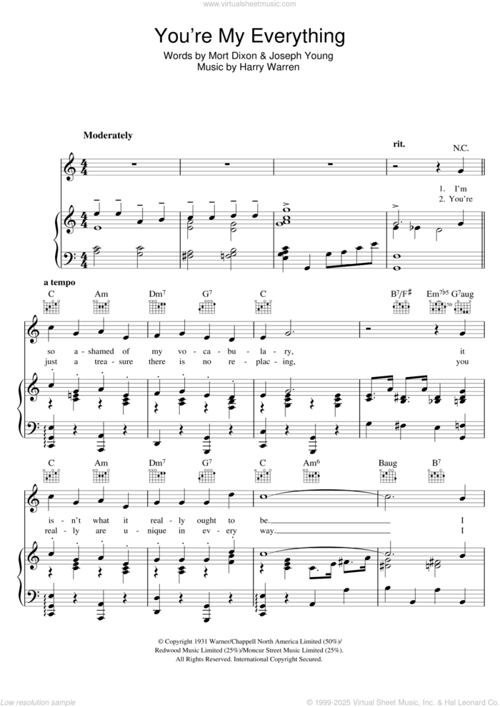 You're My Everything sheet music for voice, piano or guitar by Nat King Cole, Harry Warren, Joseph Young and Mort Dixon, intermediate skill level