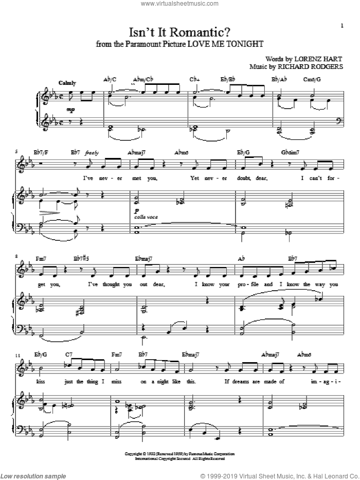 Isn't It Romantic? sheet music for voice and piano by Rodgers & Hart, Lorenz Hart and Richard Rodgers, intermediate skill level