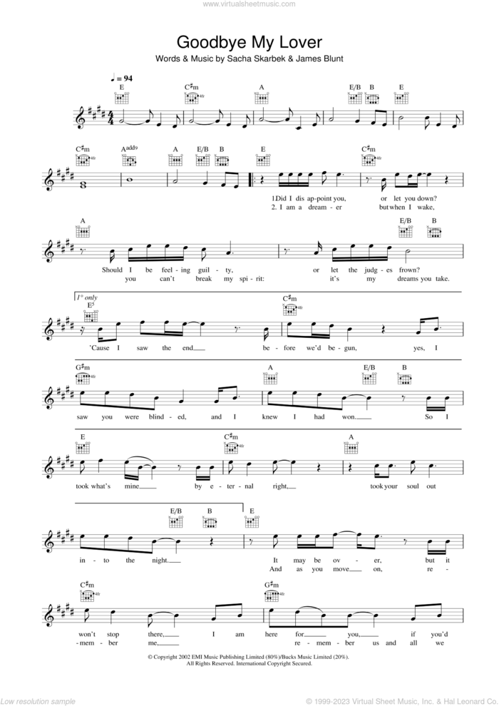 Goodbye My Lover sheet music for voice and other instruments (fake book) by James Blunt and Sacha Skarbek, intermediate skill level