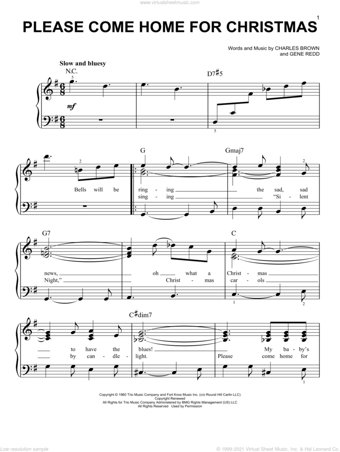Please Come Home For Christmas, (easy) sheet music for piano solo by Charles Brown, The Eagles and Gene Redd, easy skill level