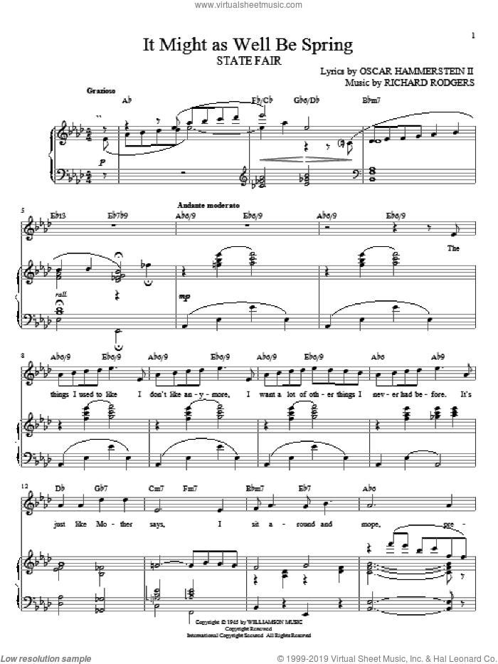 It Might As Well Be Spring sheet music for voice and piano by Rodgers & Hammerstein, State Fair (Musical), Oscar II Hammerstein and Richard Rodgers, intermediate skill level