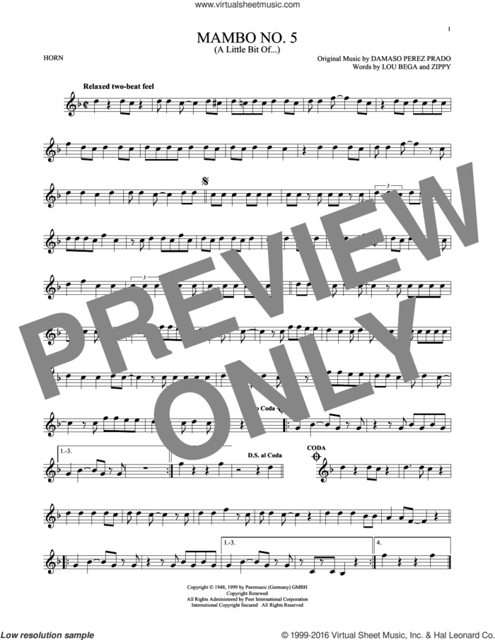 Mambo No. 5 (A Little Bit Of...) sheet music for horn solo by Lou Bega, Damaso Perez Prado and Zippy, intermediate skill level