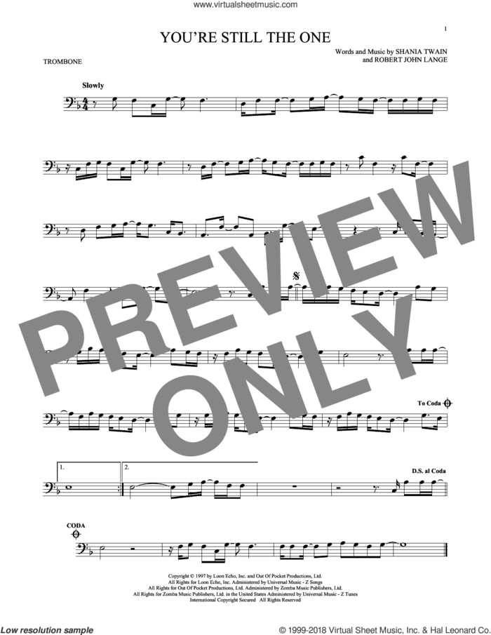 You're Still The One sheet music for trombone solo by Shania Twain and Robert John Lange, intermediate skill level