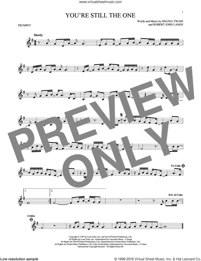 You're Still The One sheet music for trumpet solo by Shania Twain and Robert John Lange, intermediate skill level