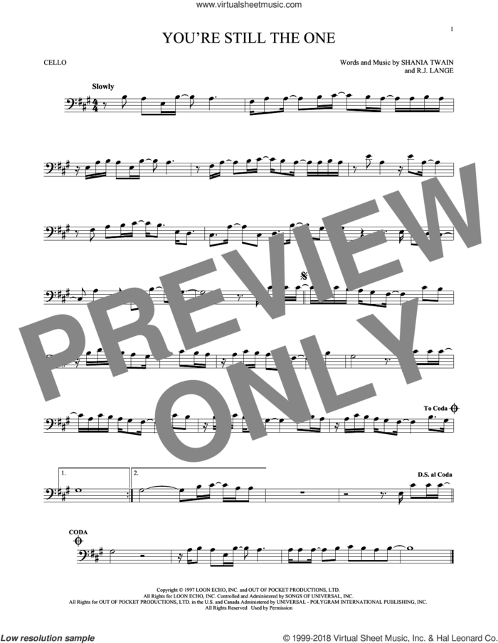 You're Still The One sheet music for cello solo by Shania Twain and Robert John Lange, intermediate skill level