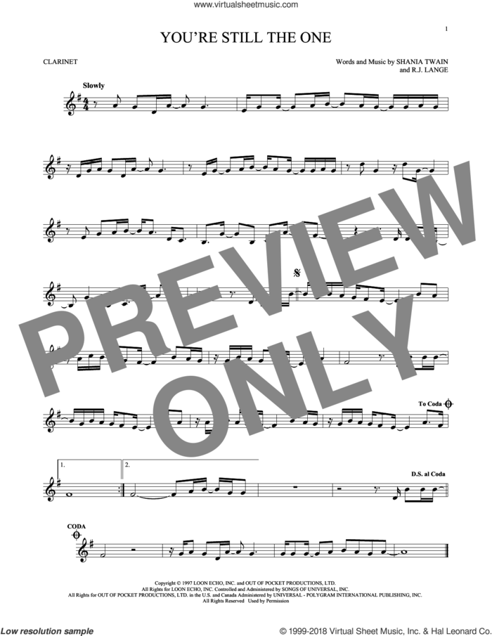 You're Still The One sheet music for clarinet solo by Shania Twain and Robert John Lange, intermediate skill level