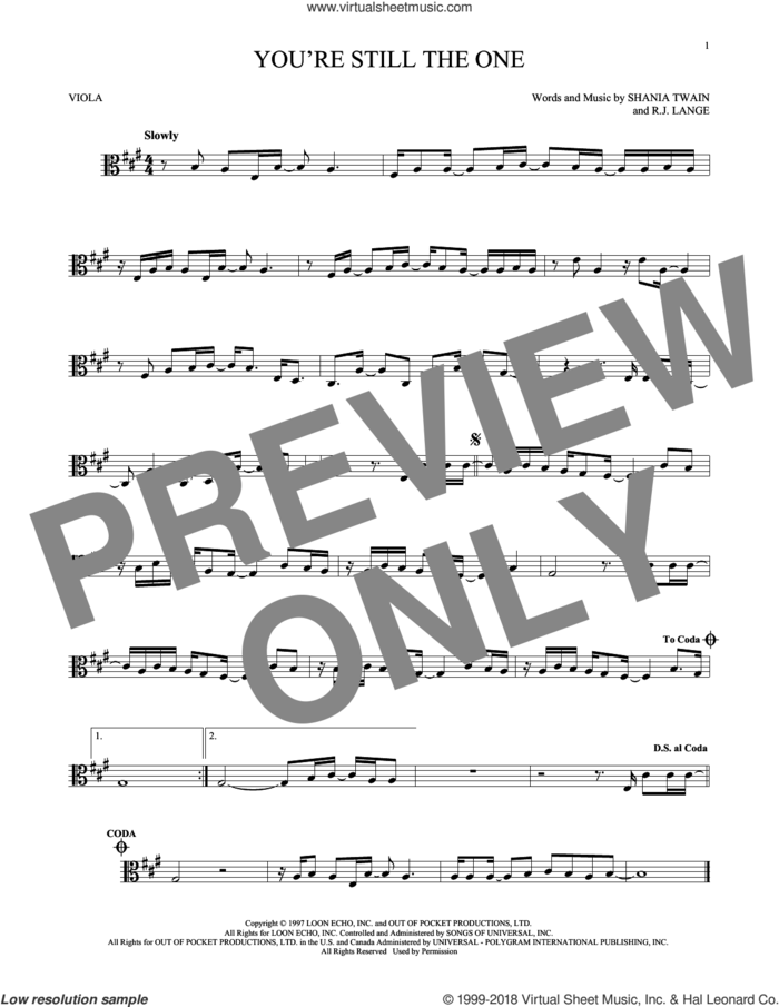 You're Still The One sheet music for viola solo by Shania Twain and Robert John Lange, intermediate skill level