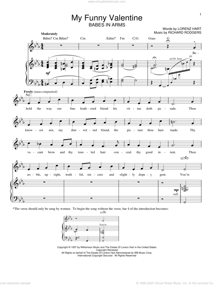 My Funny Valentine sheet music for voice and piano by Rodgers & Hart, Babes In Arms (Musical), Lorenz Hart and Richard Rodgers, intermediate skill level