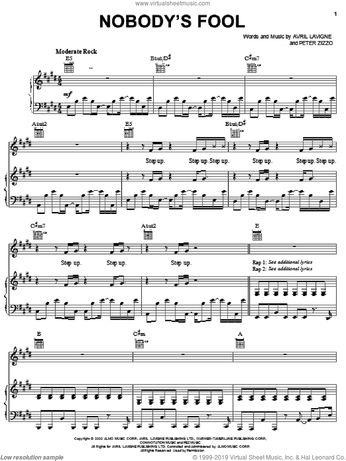 Nobody's Fool sheet music for voice, piano or guitar by Avril Lavigne and Peter Zizzo, intermediate skill level