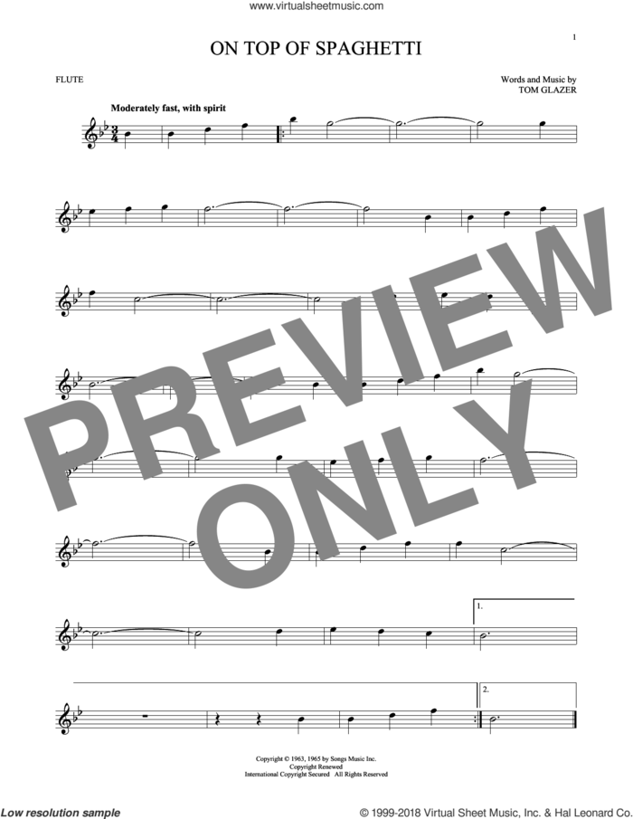 On Top Of Spaghetti sheet music for flute solo by Tom Glazer, intermediate skill level