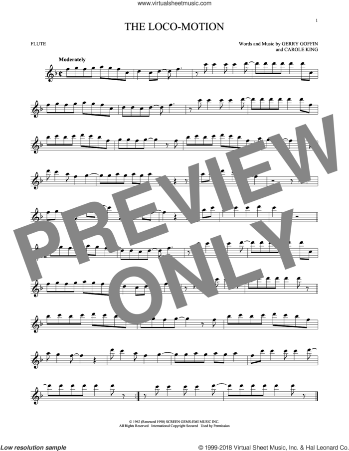The Loco-Motion sheet music for flute solo by Little Eva, Carole King and Gerry Goffin, intermediate skill level