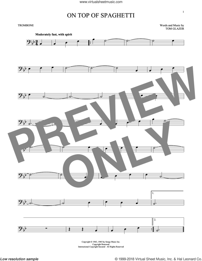 On Top Of Spaghetti sheet music for trombone solo by Tom Glazer, intermediate skill level