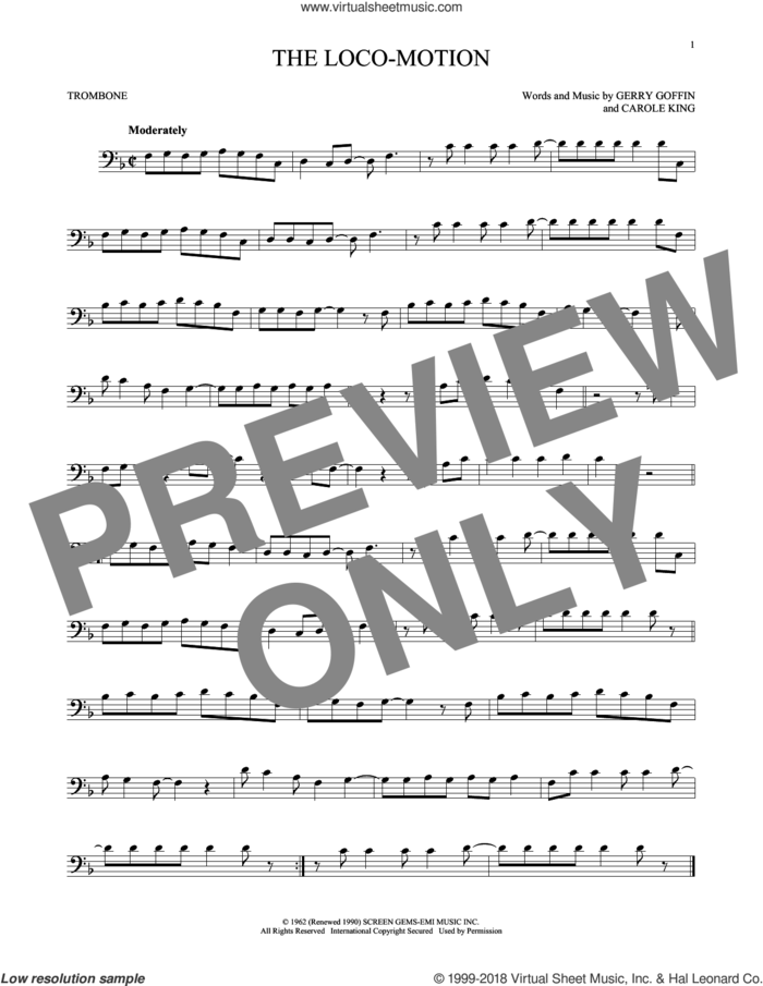The Loco-Motion sheet music for trombone solo by Little Eva, Carole King and Gerry Goffin, intermediate skill level