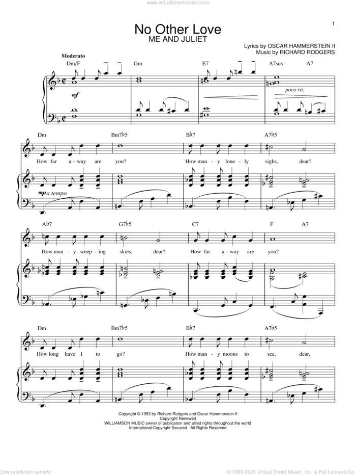 No Other Love sheet music for voice and piano by Rodgers & Hammerstein, Me And Juliet (Musical), Oscar II Hammerstein and Richard Rodgers, wedding score, intermediate skill level