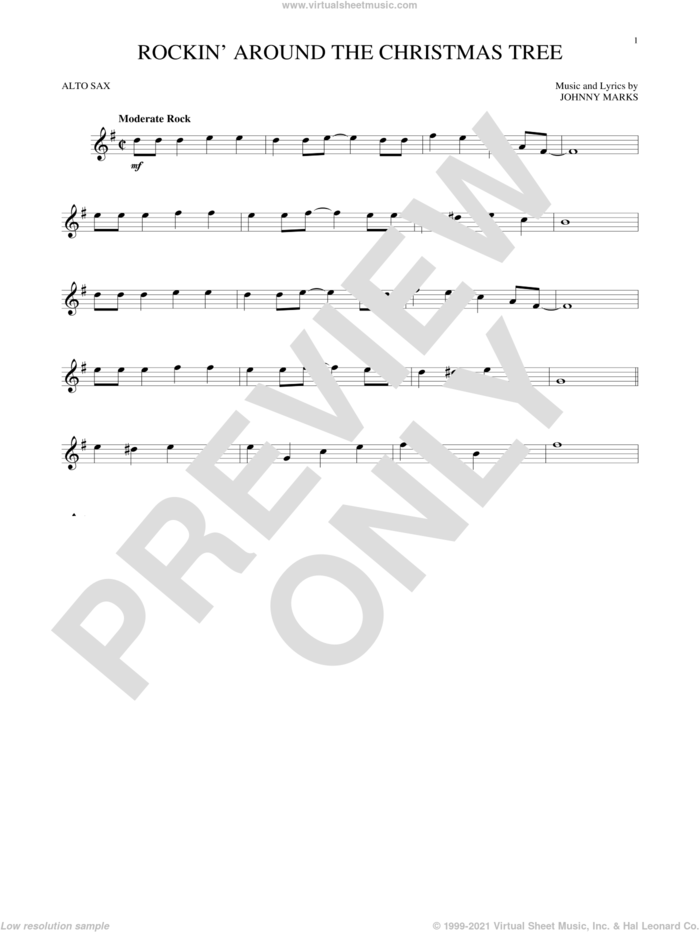 Rockin' Around The Christmas Tree sheet music for alto saxophone solo by Johnny Marks, intermediate skill level