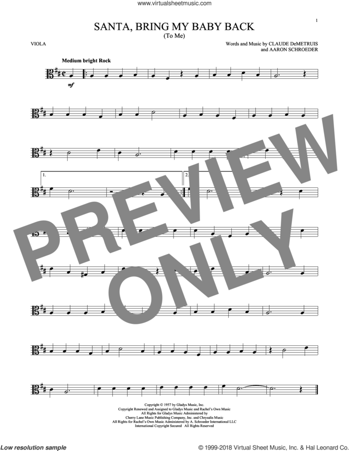 Santa, Bring My Baby Back (To Me) sheet music for viola solo by Elvis Presley, Aaron Schroeder and Claude DeMetruis, intermediate skill level