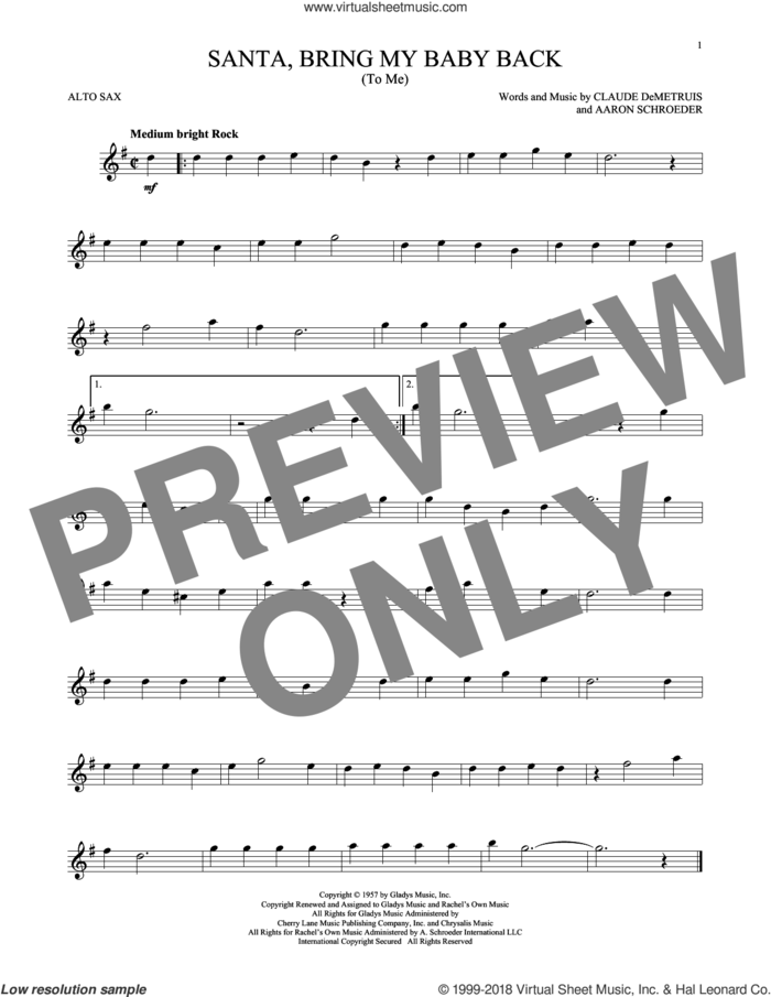 Santa, Bring My Baby Back (To Me) sheet music for alto saxophone solo by Elvis Presley, Aaron Schroeder and Claude DeMetruis, intermediate skill level