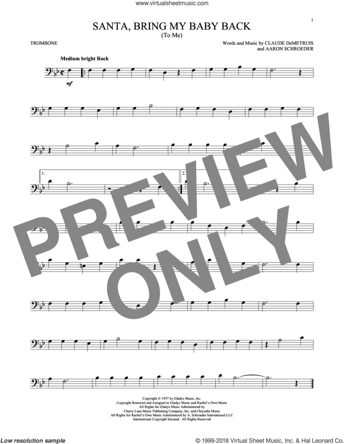 Santa, Bring My Baby Back (To Me) sheet music for trombone solo by Elvis Presley, Aaron Schroeder and Claude DeMetruis, intermediate skill level