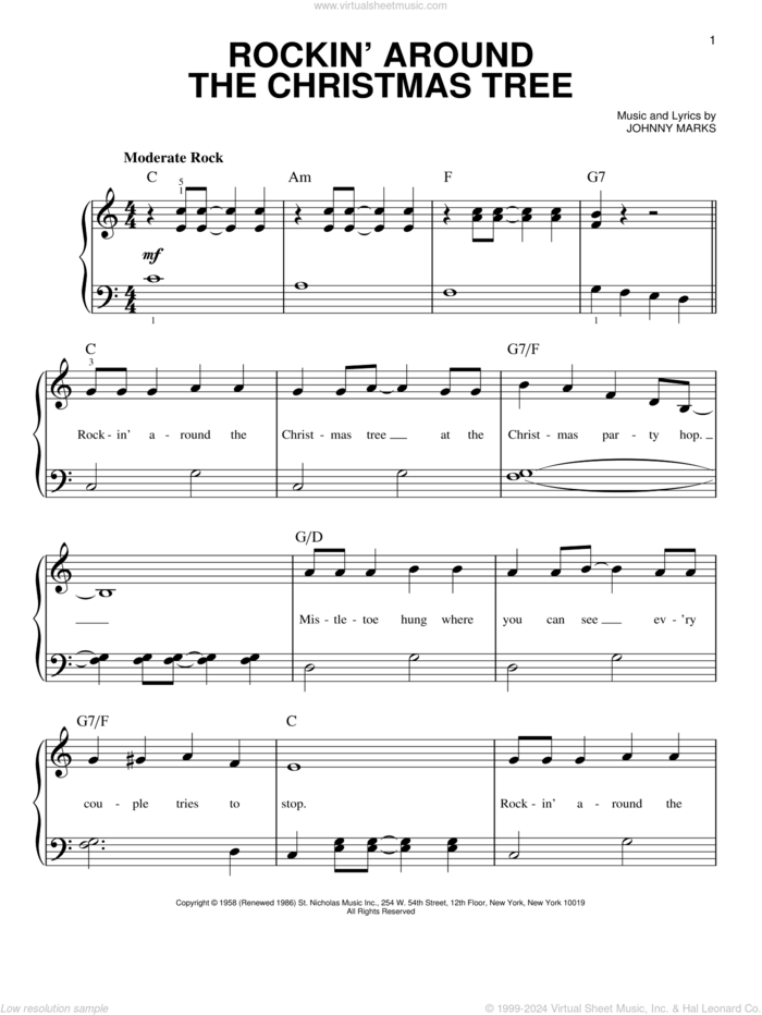 Rockin' Around The Christmas Tree sheet music for piano solo by Johnny Marks, beginner skill level