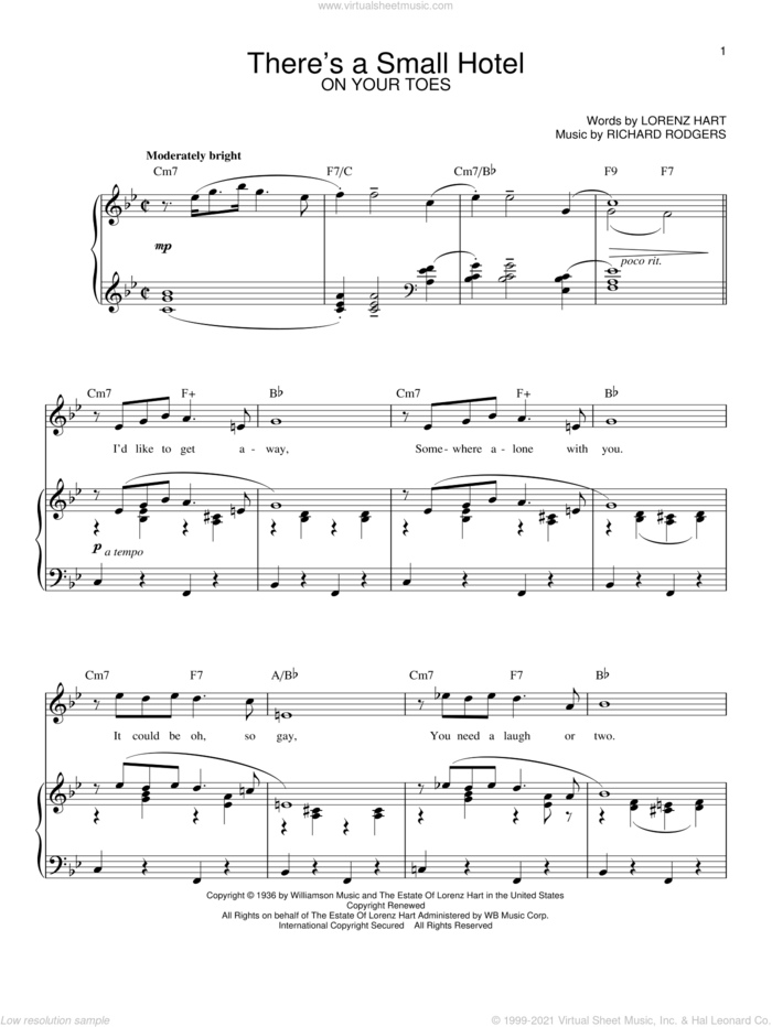 There's A Small Hotel sheet music for voice and piano by Rodgers & Hart, Lorenz Hart and Richard Rodgers, intermediate skill level