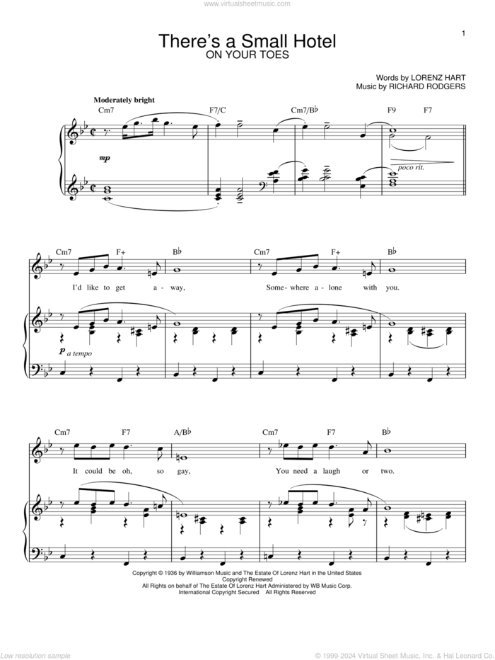 There's A Small Hotel sheet music for voice and piano by Rodgers & Hart, Lorenz Hart and Richard Rodgers, intermediate skill level