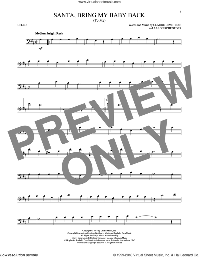 Santa, Bring My Baby Back (To Me) sheet music for cello solo by Elvis Presley, Aaron Schroeder and Claude DeMetruis, intermediate skill level