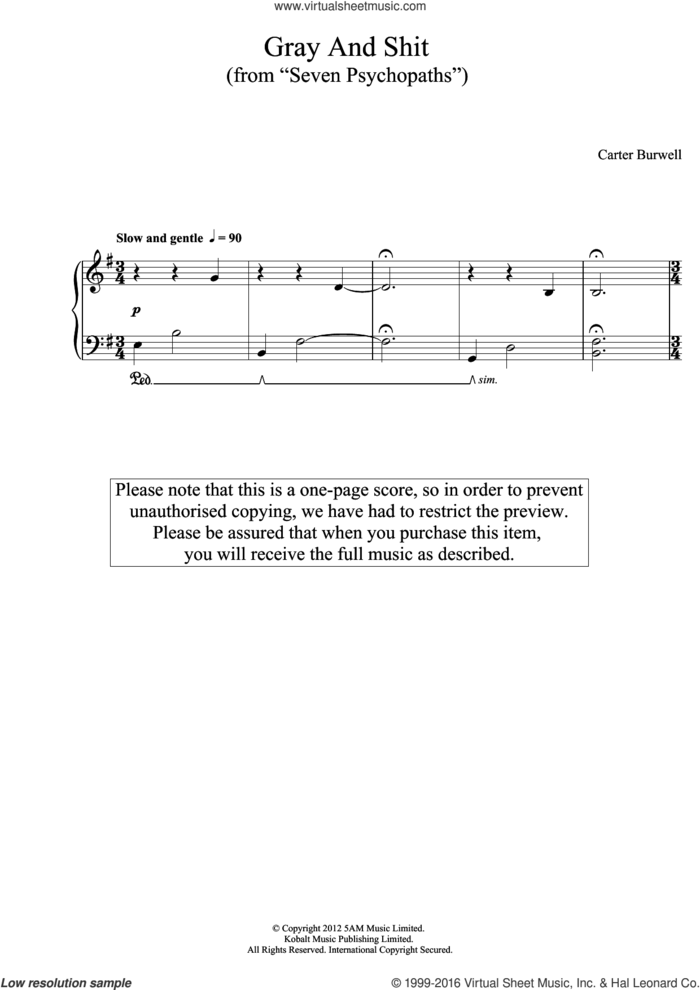 Gray And Shit (From Seven Psychopaths) sheet music for piano solo by Carter Burwell, intermediate skill level