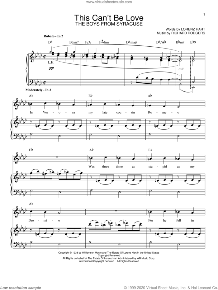This Can't Be Love sheet music for voice and piano by Rodgers & Hart, Lorenz Hart and Richard Rodgers, intermediate skill level