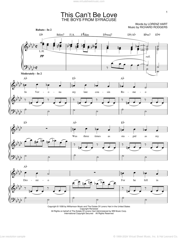 This Can't Be Love sheet music for voice and piano by Rodgers & Hart, Lorenz Hart and Richard Rodgers, intermediate skill level