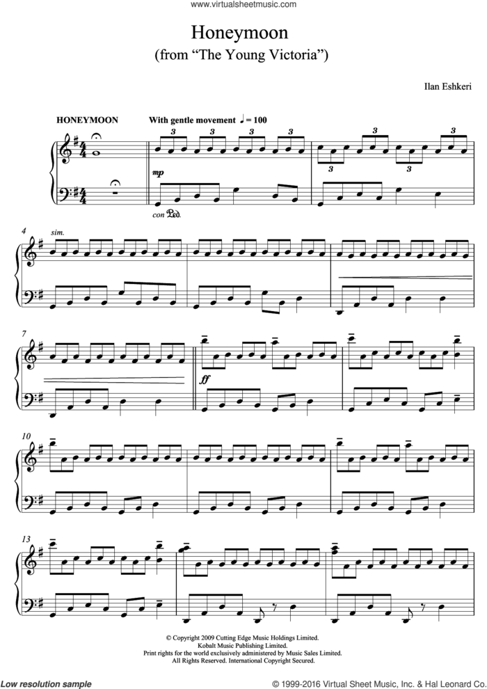 Honeymoon (from The Young Victoria) sheet music for piano solo by Ilan Eshkeri, intermediate skill level