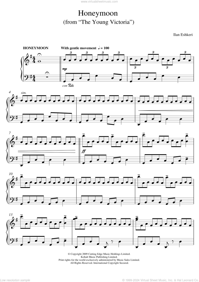 Honeymoon (from The Young Victoria) sheet music for piano solo by Ilan Eshkeri, intermediate skill level