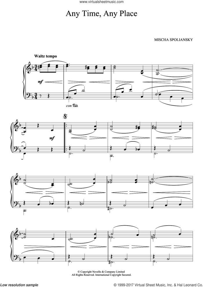 Any Time, Any Place sheet music for piano solo by Mischa Spoliansky, classical score, intermediate skill level