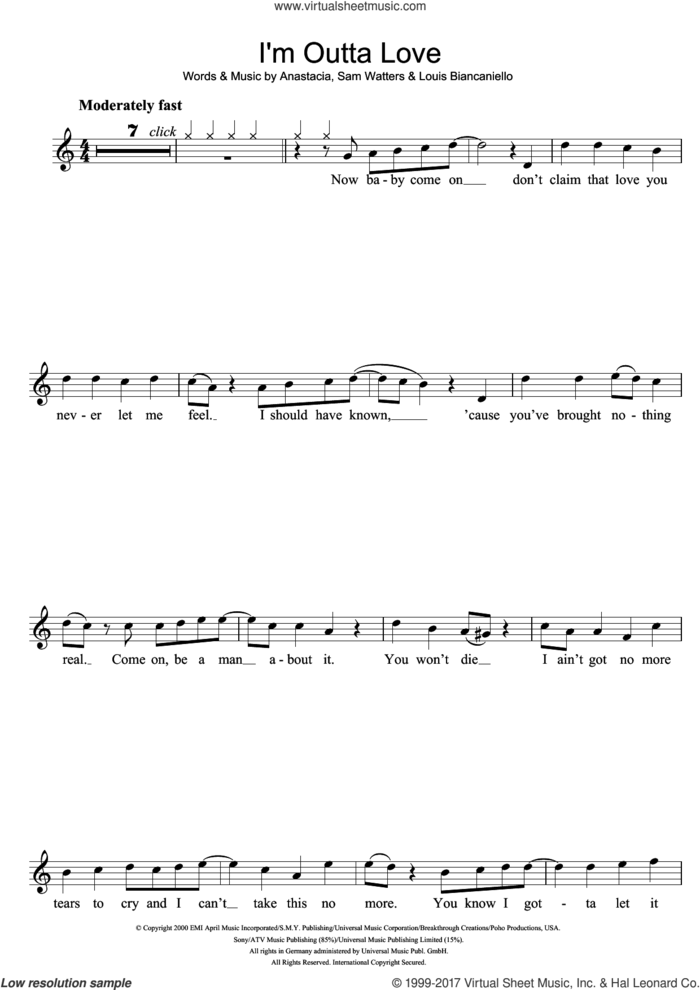 I'm Outta Love sheet music for recorder solo by Anastacia, Louis Biancaniello and Sam Watters, intermediate skill level
