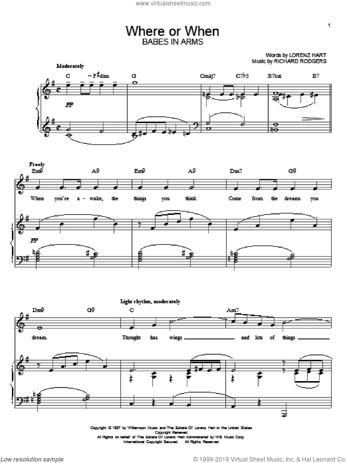 Where Or When sheet music for voice and piano by Rodgers & Hart, Lorenz Hart and Richard Rodgers, intermediate skill level