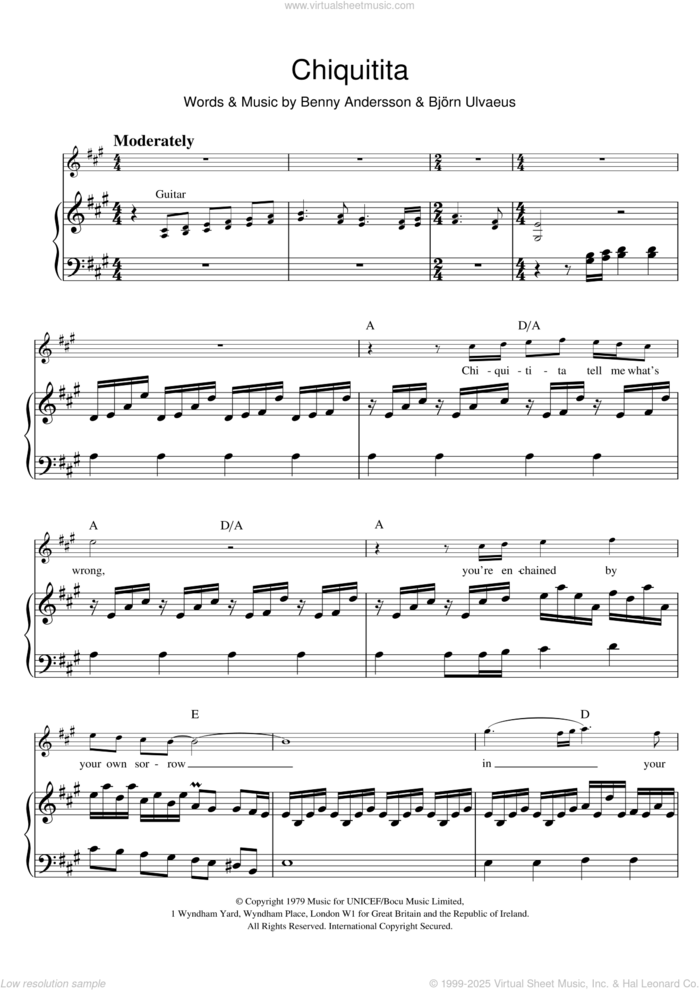 Chiquitita sheet music for voice, piano or guitar by ABBA, Benny Andersson and Bjorn Ulvaeus, intermediate skill level