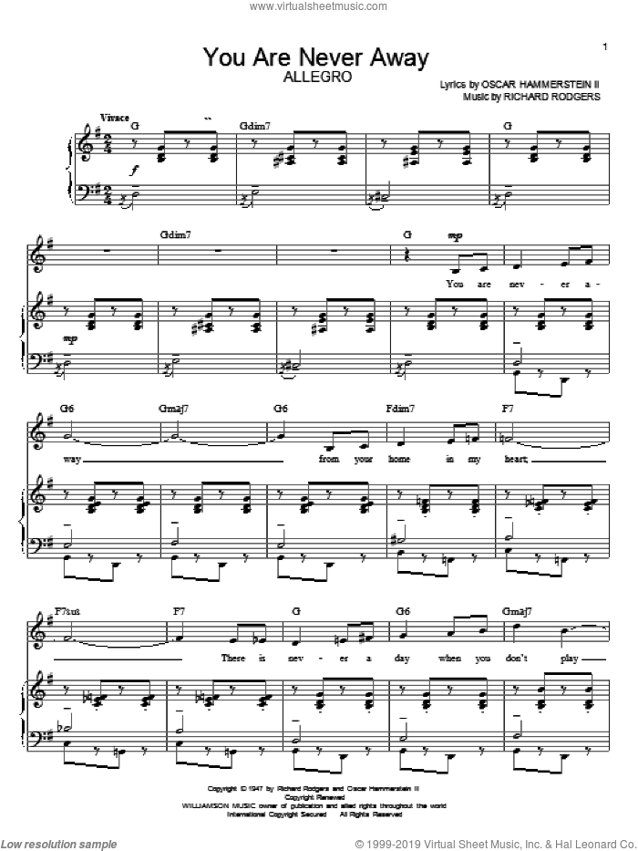 You Are Never Away sheet music for voice and piano by Rodgers & Hammerstein, Allegro (Musical), Oscar II Hammerstein and Richard Rodgers, intermediate skill level