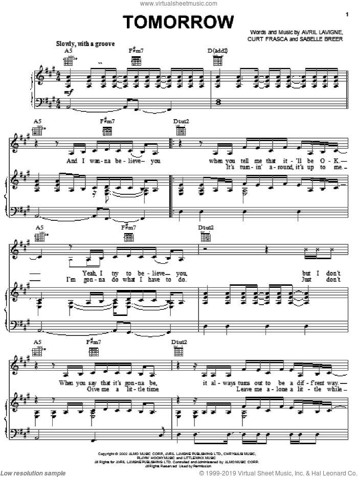 Tomorrow sheet music for voice, piano or guitar by Avril Lavigne, Curt Frasca and Sabelle Breer, intermediate skill level